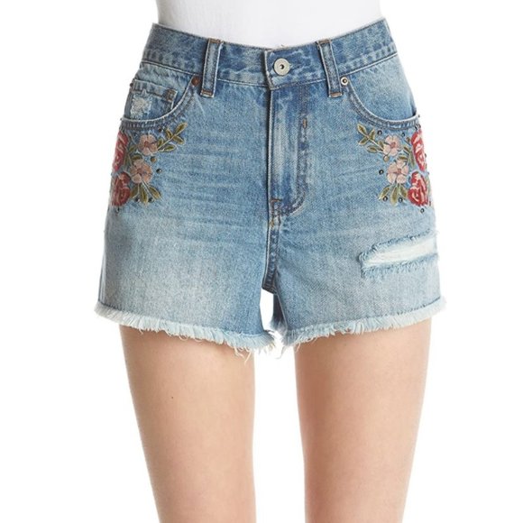 Hippie Laundry Floral Embroidered Denim Shorts Size 25 26 27 NWT Jean High Waist - Picture 1 of 5